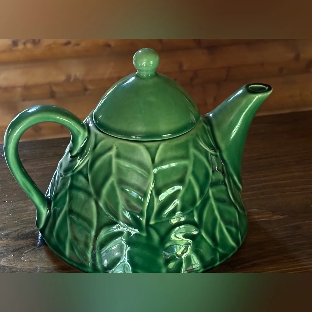 Vintage Pier-1 Imports Teapot Jade Leaves Green Stoneware Pier One Collection 7